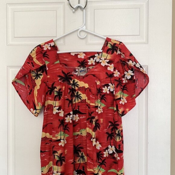 Vintage Hawaiian Togs Red Mumu Dress Large Palm Trees Hibiscus - Picture 6 of 15